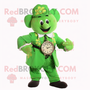 Lime Green Bunch Of Shamrocks mascot costume character dressed with a Waistcoat and Watches