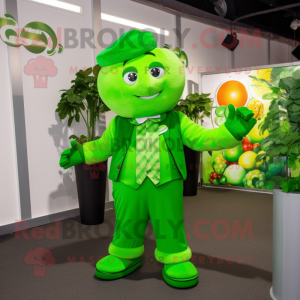 Lime Green Bunch Of Shamrocks mascot costume character dressed with a Waistcoat and Watches