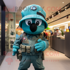 Teal Para Commando mascot costume character dressed with a Romper and Caps