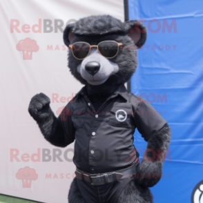 Black Mongoose mascot costume character dressed with a Jeans and Sunglasses