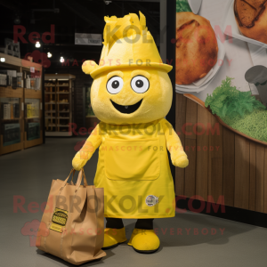 Lemon Yellow Pulled Pork Sandwich mascot costume character dressed with a Overalls and Tote bags