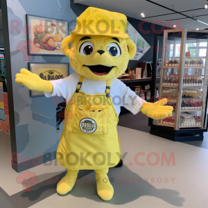 Lemon Yellow Pulled Pork Sandwich mascot costume character dressed with a Overalls and Tote bags