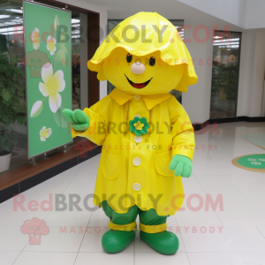 Lemon Yellow Four Leaf Clover mascot costume character dressed with a Raincoat and Caps