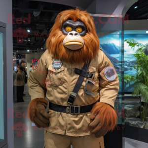 Cream Orangutan mascot costume character dressed with a Bomber Jacket and Belts