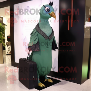 Forest Green Pigeon mascot costume character dressed with a Evening Gown and Briefcases