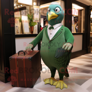 Forest Green Pigeon mascot costume character dressed with a Evening Gown and Briefcases