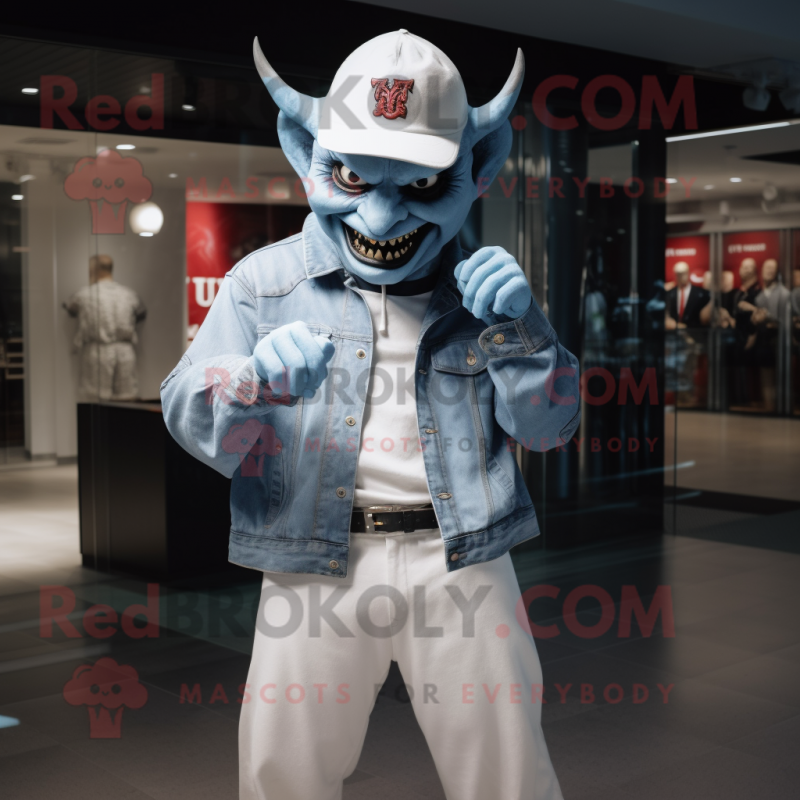 White Devil mascot costume character dressed with a Denim Shirt and Caps