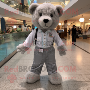 Silver Teddy Bear mascot costume character dressed with a Button-Up Shirt and Shoe clips