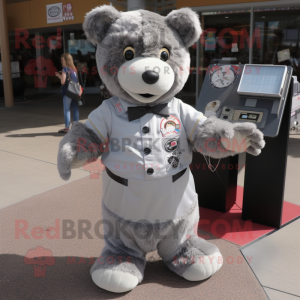 Silver Teddy Bear mascot costume character dressed with a Button-Up Shirt and Shoe clips
