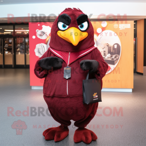 Maroon Blackbird mascot costume character dressed with a Sweatshirt and Coin purses