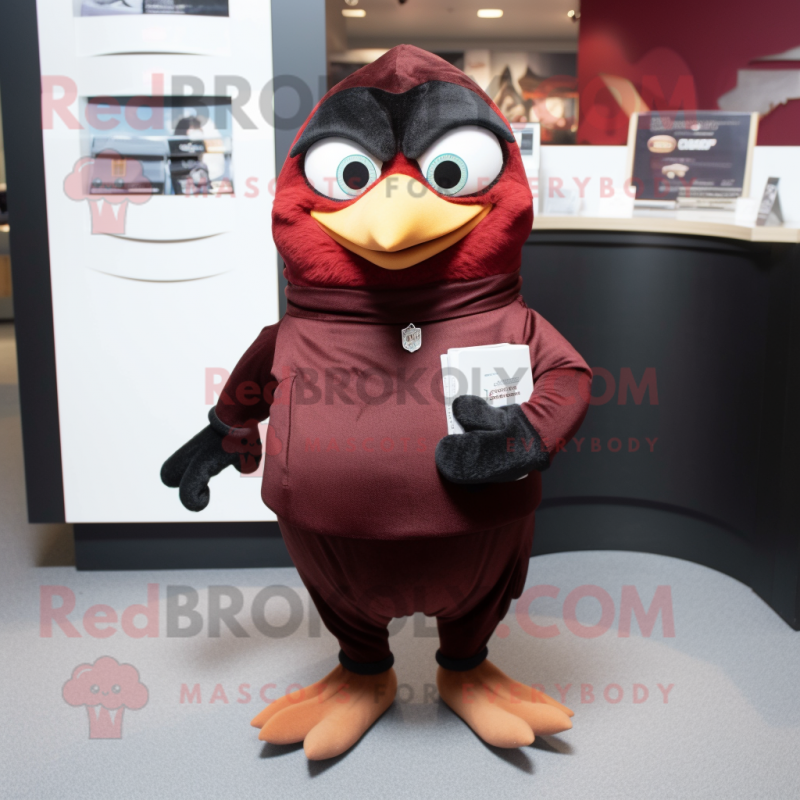 Maroon Blackbird mascot costume character dressed with a Sweatshirt and Coin purses