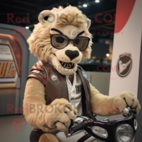 Beige Smilodon mascot costume character dressed with a Biker Jacket and Reading glasses