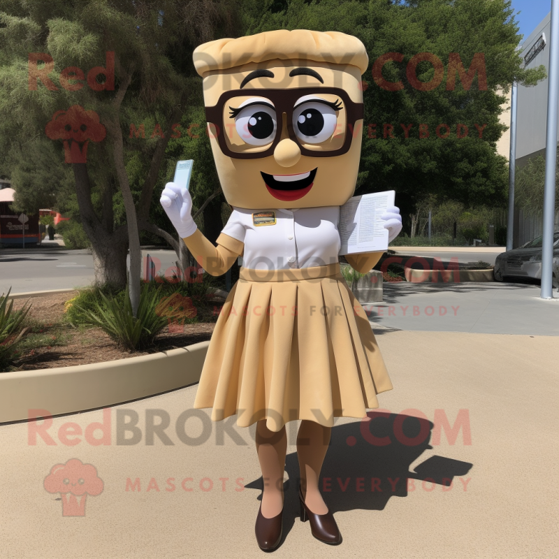 Tan French Fries mascot costume character dressed with a Mini Skirt and Reading glasses