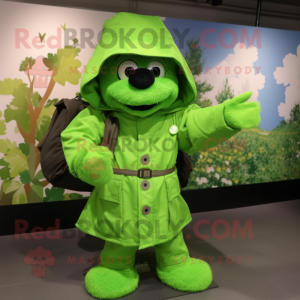 Lime Green Bunch Of Shamrocks mascot costume character dressed with a Raincoat and Messenger bags