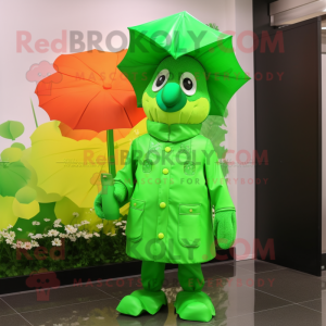 Lime Green Bunch Of Shamrocks mascot costume character dressed with a Raincoat and Messenger bags