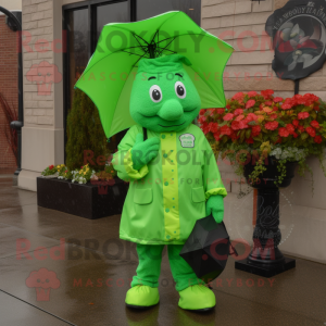 Lime Green Bunch Of Shamrocks mascot costume character dressed with a Raincoat and Messenger bags