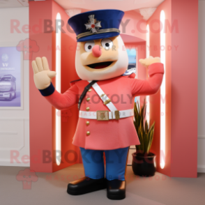 Peach British Royal Guard mascot costume character dressed with a Flare Jeans and Mittens