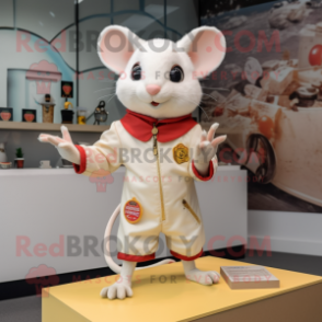 Cream Dormouse mascot costume character dressed with a Playsuit and Shoe clips
