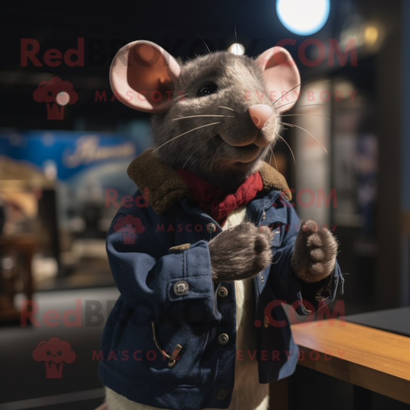 Navy Rat mascot costume character dressed with a Leather Jacket and Shawls