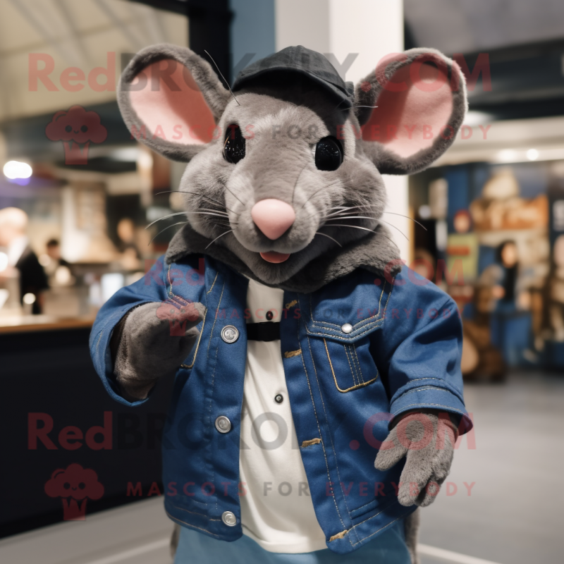 Navy Rat mascot costume character dressed with a Leather Jacket and Shawls