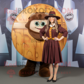 Brown Celtic Shield mascot costume character dressed with a Blouse and Berets