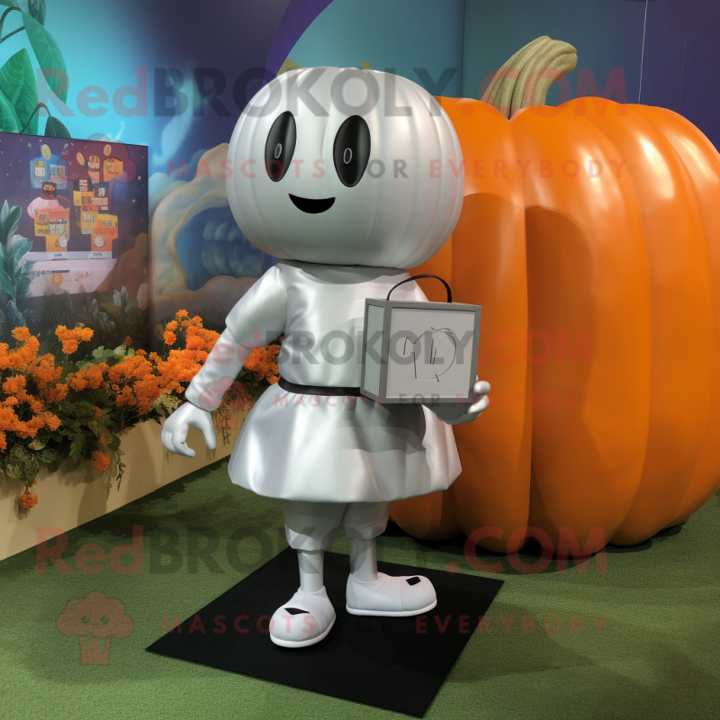 Silver Pumpkin mascot costume character dressed with a Pencil Skirt and Wallets