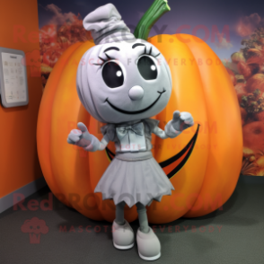 Silver Pumpkin mascot costume character dressed with a Pencil Skirt and Wallets