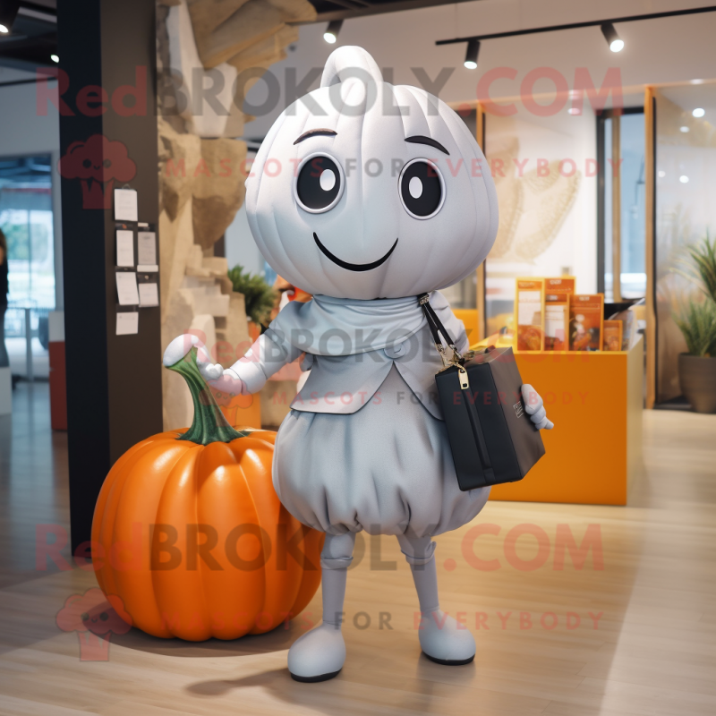 Silver Pumpkin mascot costume character dressed with a Pencil Skirt and Wallets