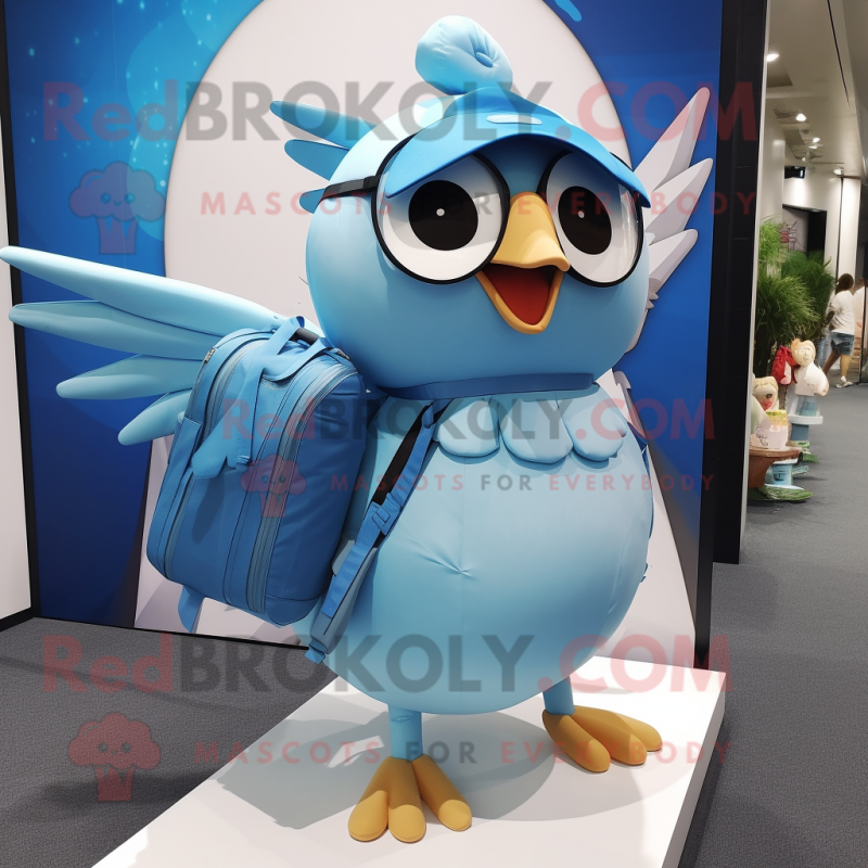 Sky Blue Dove mascot costume character dressed with a One-Piece Swimsuit and Backpacks