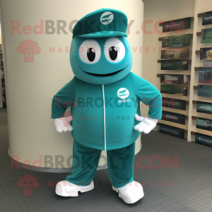 Teal Green Beer mascot costume character dressed with a Jumpsuit and Shoe clips