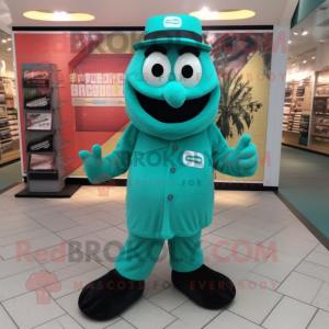 Teal Green Beer mascot costume character dressed with a Jumpsuit and Shoe clips