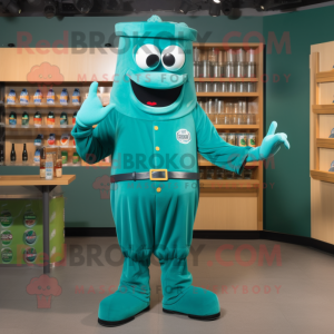 Teal Green Beer mascot costume character dressed with a Jumpsuit and Shoe clips