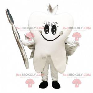 Witte tand mascotte. Reusachtig tandkostuum, tandenborstel -