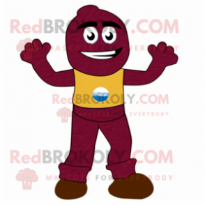 Maroon Moussaka mascot costume character dressed with a Jeggings and Gloves