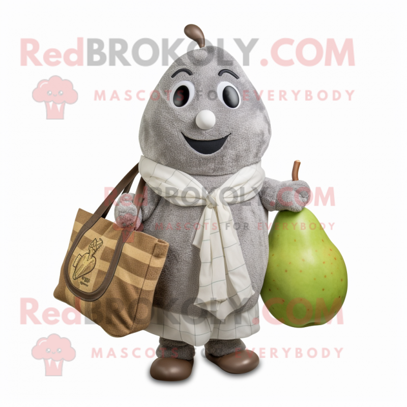 Gray Pear mascot costume character dressed with a Cardigan and Tote bags