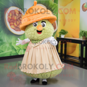 Peach Caesar Salad mascot costume character dressed with a Skirt and Hats