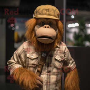 Beige Orangutan mascot costume character dressed with a Flannel Shirt and Hat pins