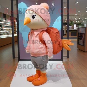 Peach Dove mascot costume character dressed with a Skinny Jeans and Backpacks