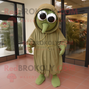 Olive Jambalaya mascot costume character dressed with a Coat and Shoe laces