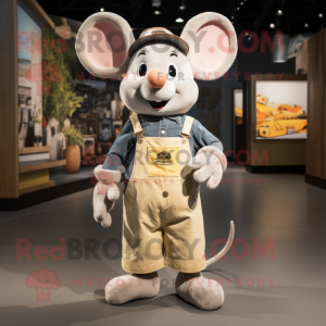 Cream Mouse mascot costume character dressed with a Overalls and Shoe laces