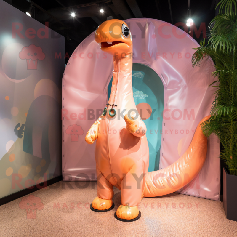 Peach Brachiosaurus mascot costume character dressed with a Raincoat and Bracelets