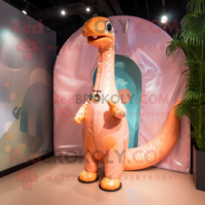 Peach Brachiosaurus mascot costume character dressed with a Raincoat and Bracelets