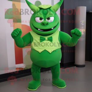 Green Devil mascot costume character dressed with a Tank Top and Bow ties