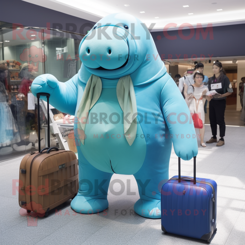 Sky Blue Walrus mascot costume character dressed with a One-Piece Swimsuit and Briefcases