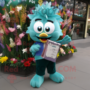 Teal Bouquet Of Flowers mascot costume character dressed with a Blouse and Wallets