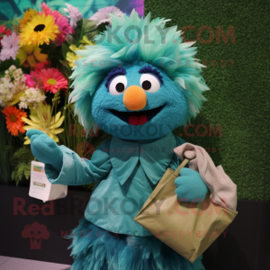 Teal Bouquet Of Flowers mascot costume character dressed with a Blouse and Wallets