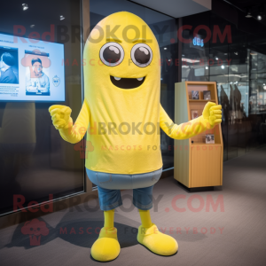 Lemon Yellow Ghost mascot costume character dressed with a Denim Shorts and Foot pads