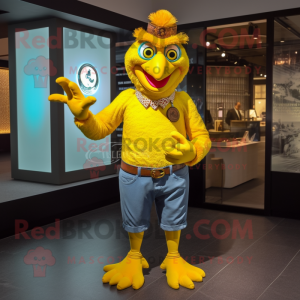 Lemon Yellow Tandoori Chicken mascot costume character dressed with a Flare Jeans and Bracelet watches