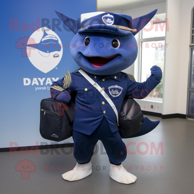 Navy Ray mascot costume character dressed with a Suit Pants and Backpacks