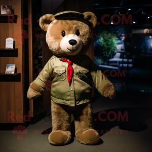 Olive Teddy Bear mascot costume character dressed with a Bomber Jacket and Bow ties